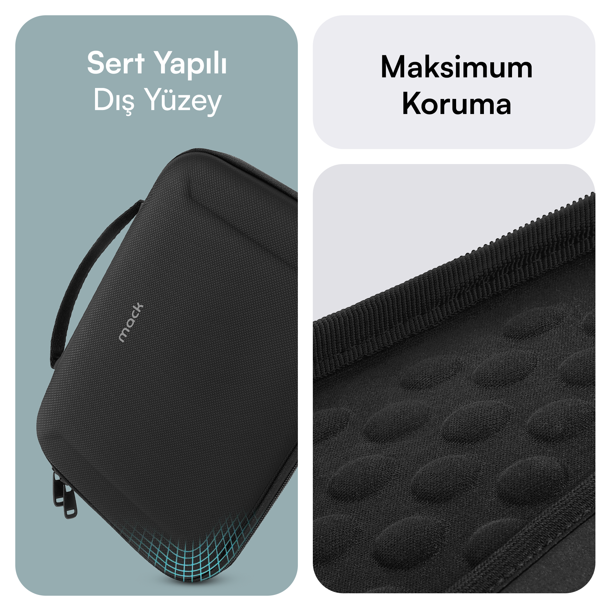 Siyah koruyucu kılıf. Fermuarı ve sapı vardır. Yüzeyi dokuludur. İç kısmı noktalı bir tasarıma sahiptir.