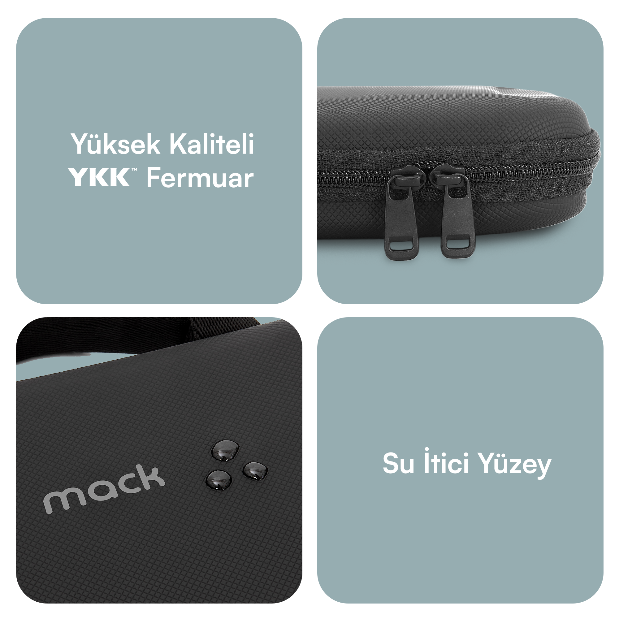 Fermuarlı, su damlalı ve yazılı siyah çanta. Özellikler: yüksek kaliteli fermuarlar ve su itici yüzey.