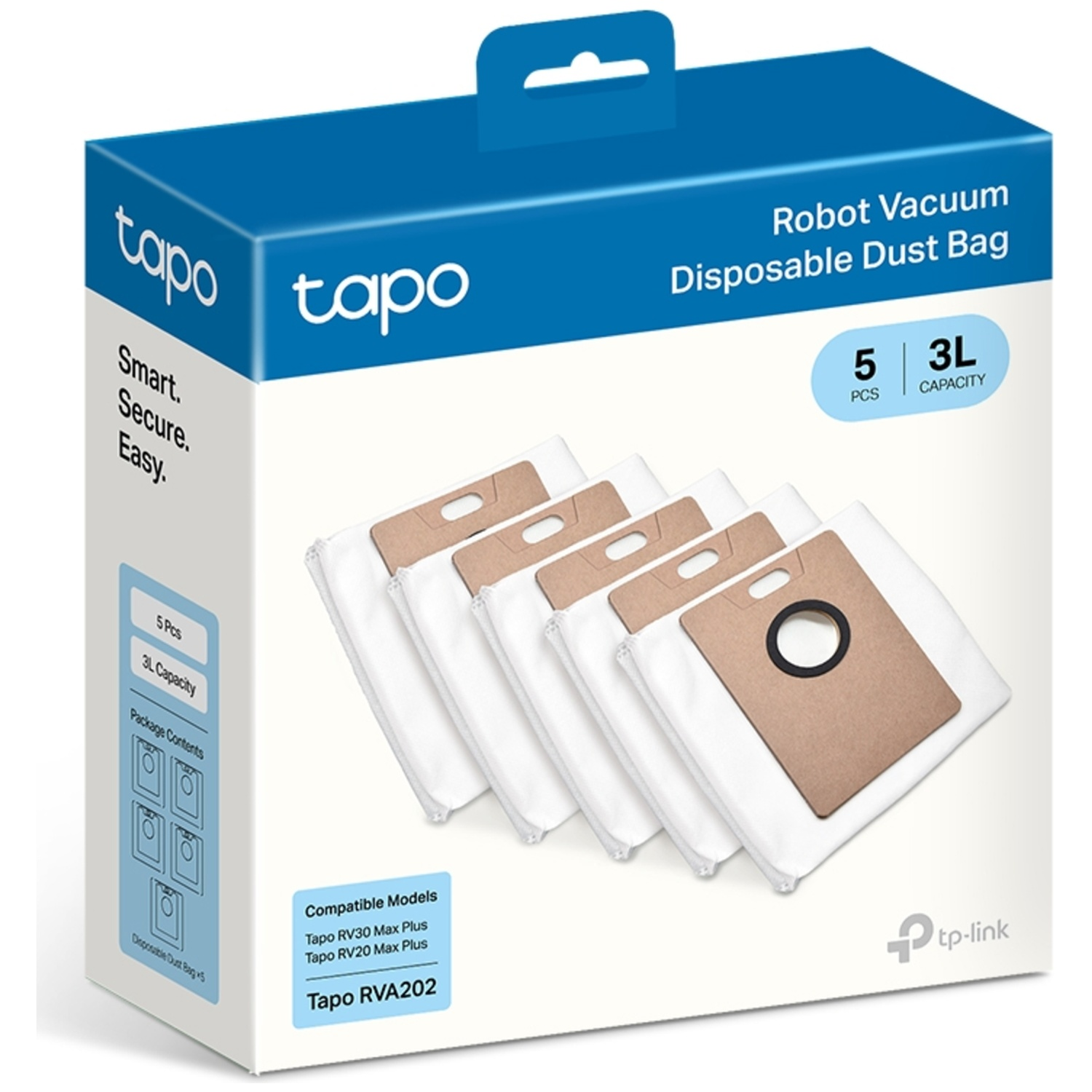 Doos met Tapo robotstofzuiger wegwerpstofzakken. Bevat 5 zakken met 3L capaciteit. Witte zakken met bruine kartonnen delen. TP-Link logo.