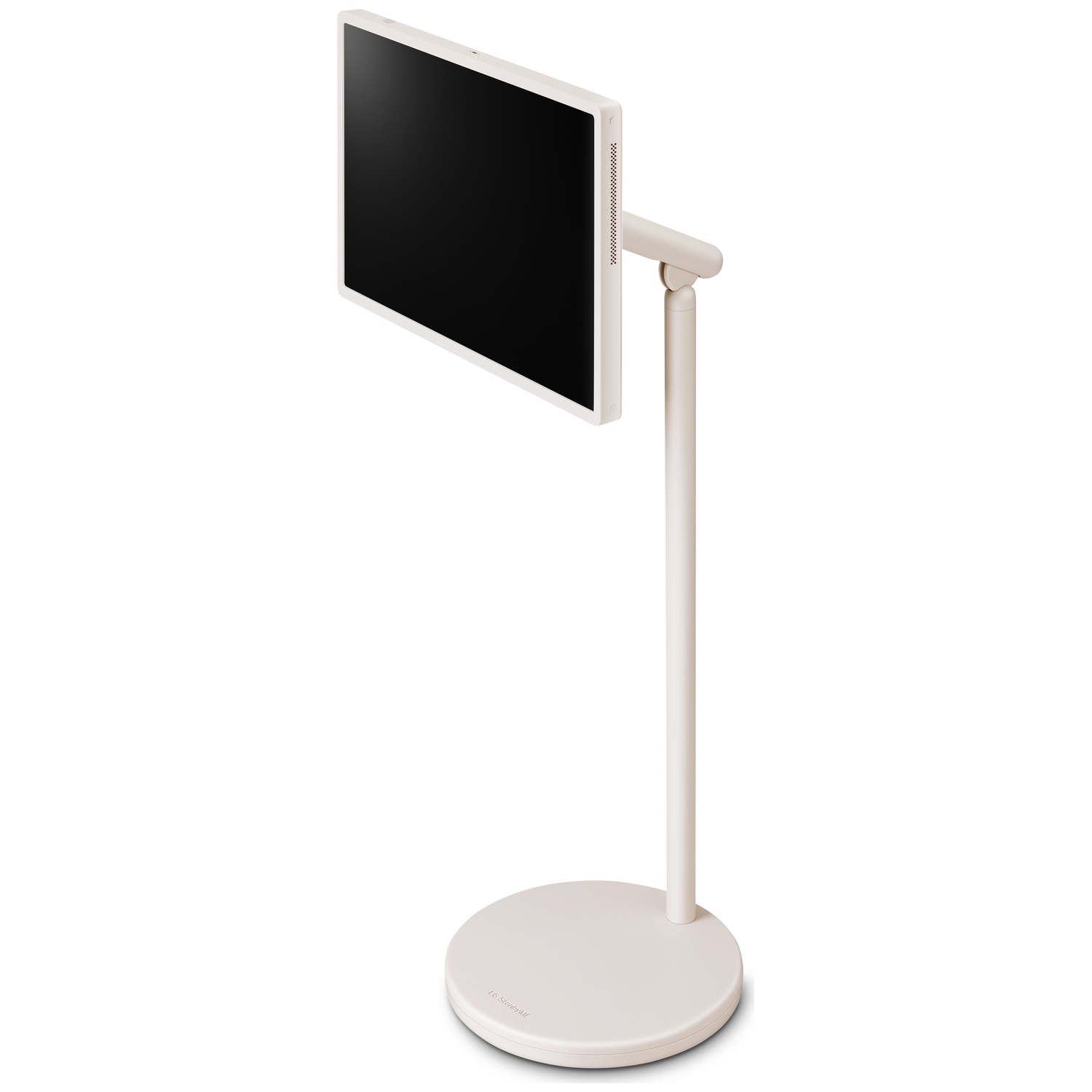 A beige TV screen on a stand. The screen is black. The stand is beige and has a round base.