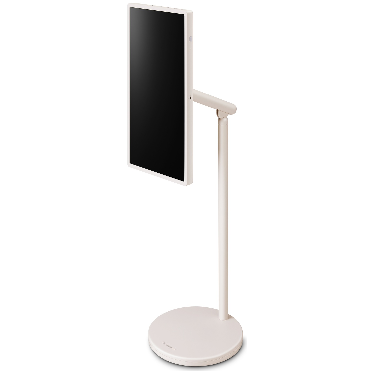 A white, vertical monitor on a stand. The screen is black. The stand is beige, with a circular base and a vertical pole.