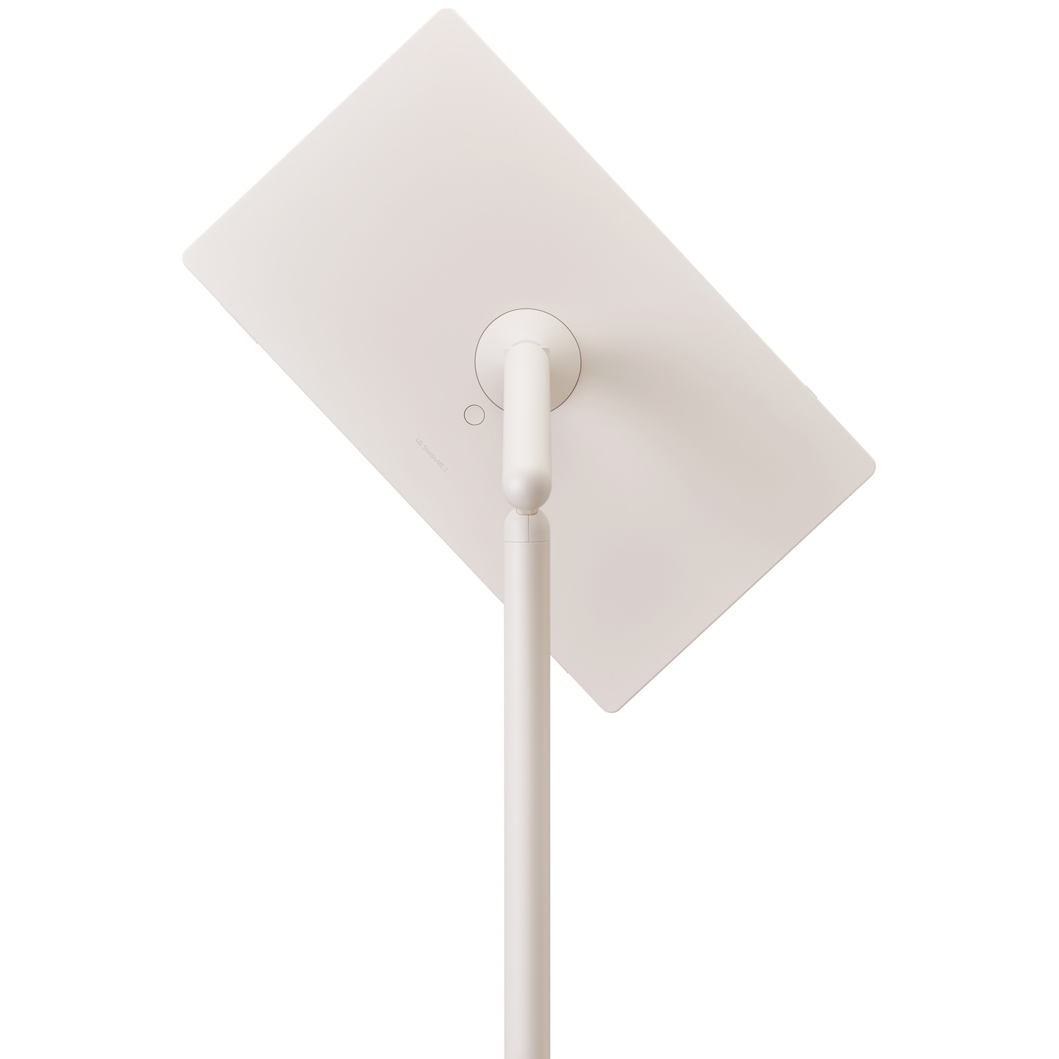 A tilted, white rectangular screen mounted on a white stand. The stand is cylindrical. The screen has a small button.