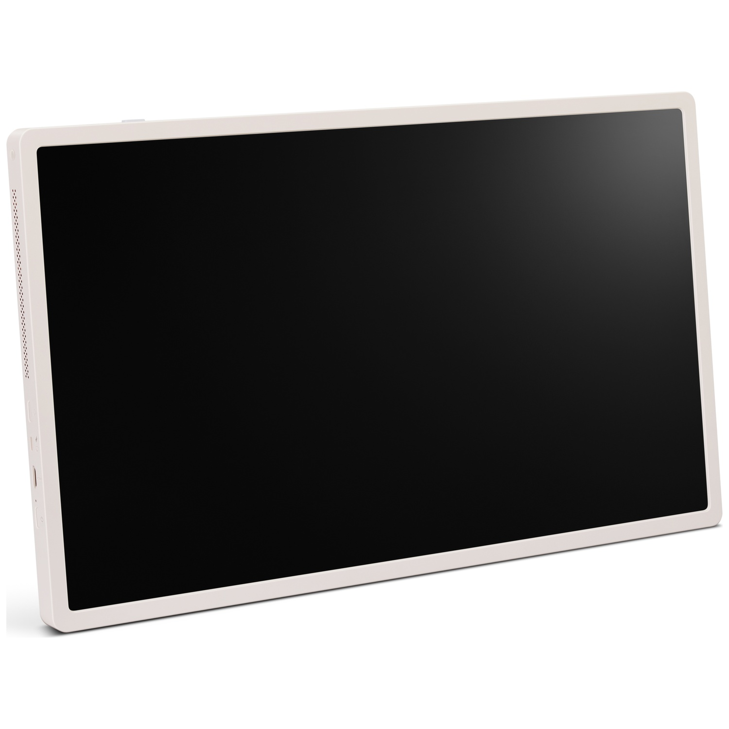 A white-framed black screen, likely a monitor or tablet, angled slightly. The background is white, highlighting the device's design.