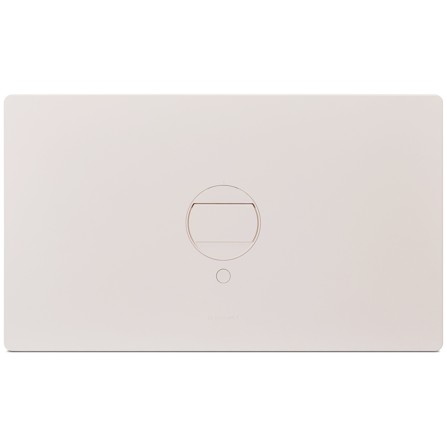 A rectangular, off-white panel. It features a circular design with a button and a rectangular slot. The text 'LG StanbyME 2' is visible.
