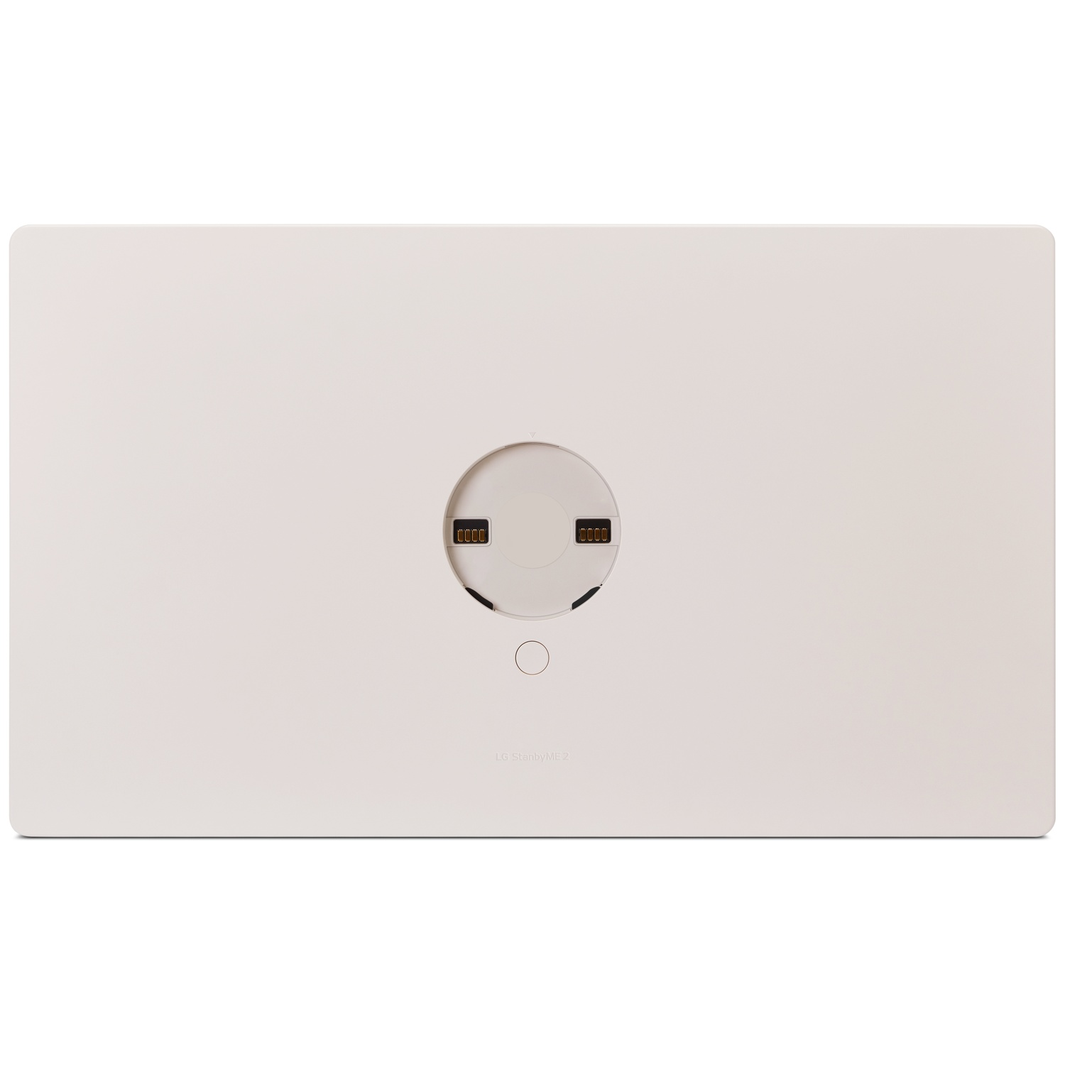 A cream-colored rectangular device with a circular section in the middle. It has two ports and a button, with 'LG StanbyME 2' written.