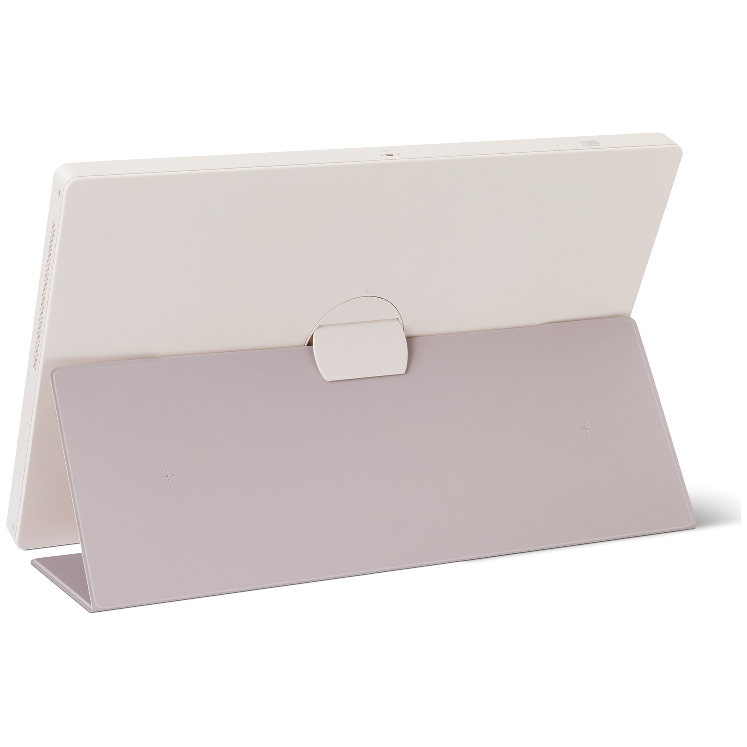 A tablet in a stand, off-white and gray. The tablet is propped up by a gray cover. The stand has a white clasp.