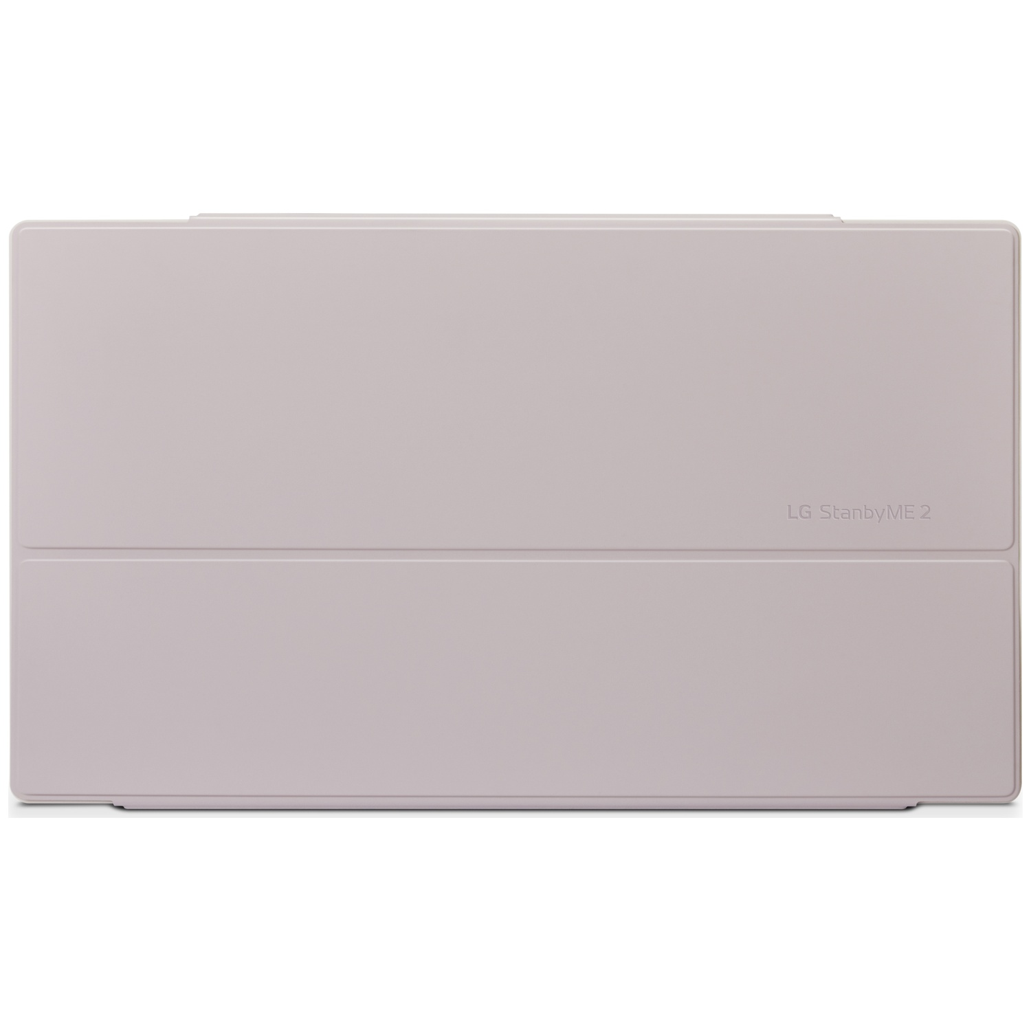 A light gray LG StanbyME 2 case, rectangular in shape, with a fold line and the brand name on the right side.