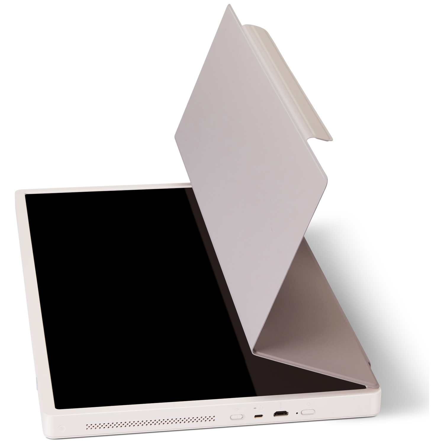 A white tablet with a black screen and a folded cover. The cover is light gray. The tablet is on a white surface.