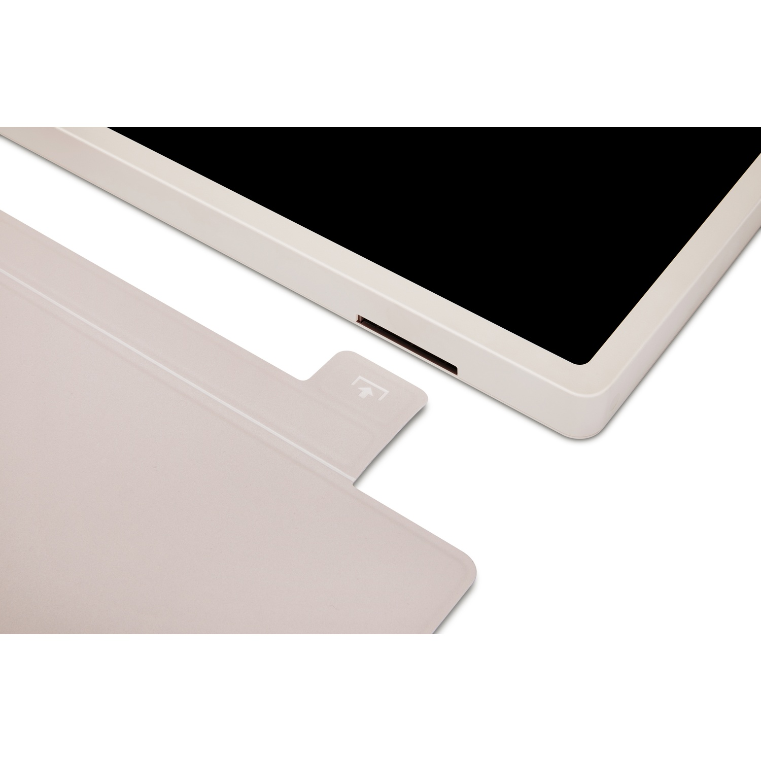 A beige tablet and cover on a white background. The tablet screen is black. The cover is partially open.