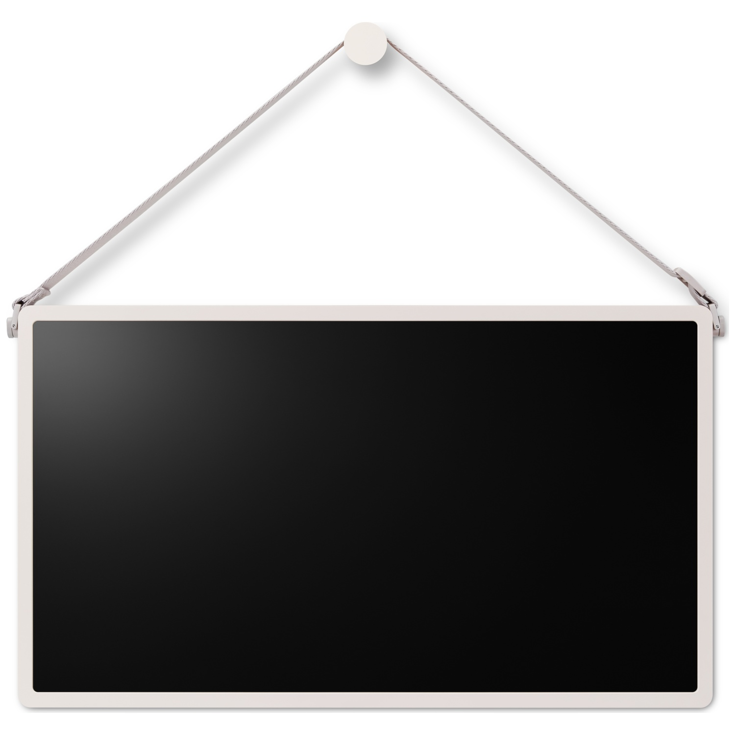 A rectangular black screen hangs from a white wall by a silver cable attached to a white hook.