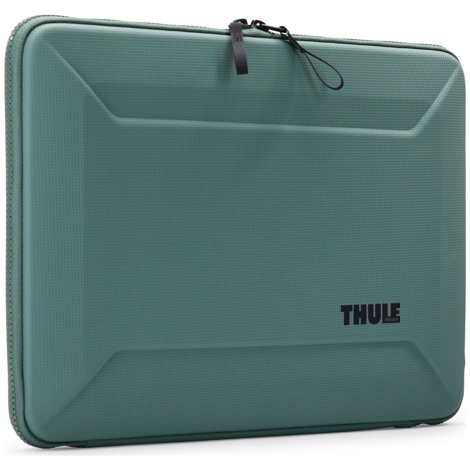A teal laptop case with a zipper, featuring the brand 'Thule.' The case has a textured surface with angular design details.