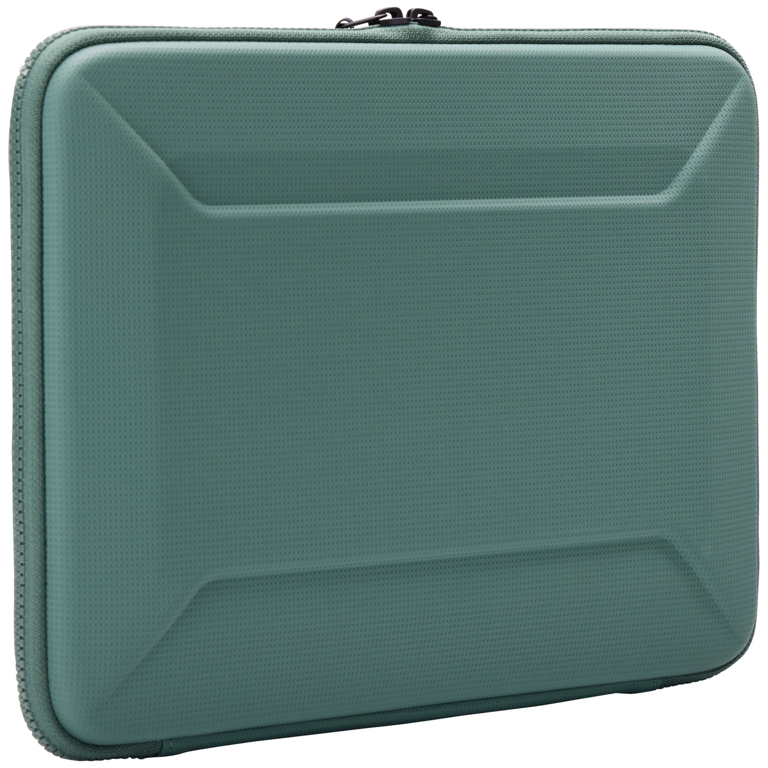 A teal laptop case with a zipper closure. The case has a textured surface with geometric design elements.