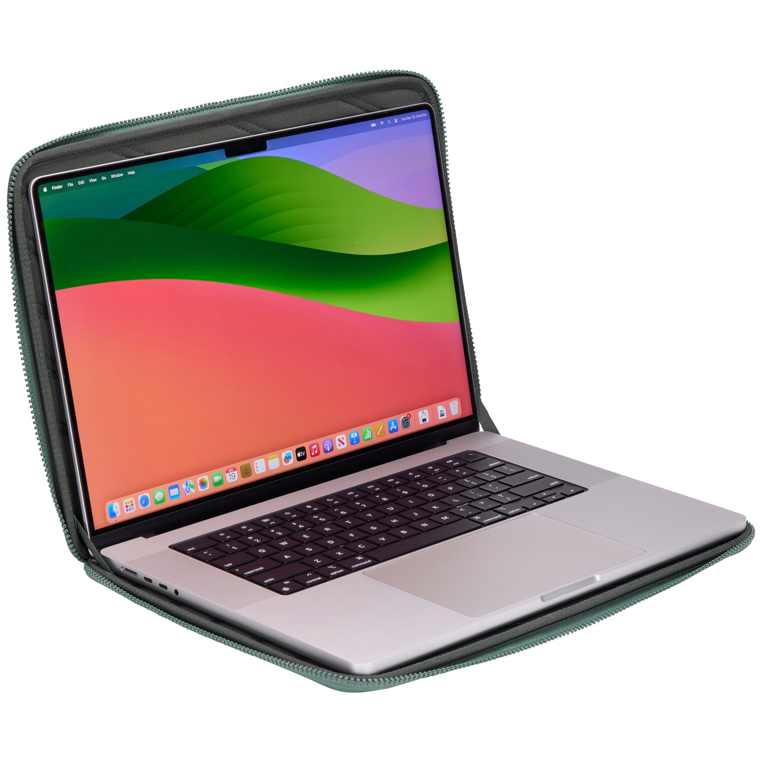 Open laptop in a green case, showing desktop with colorful background. Keyboard visible, screen displays icons. Case is open on a white background.