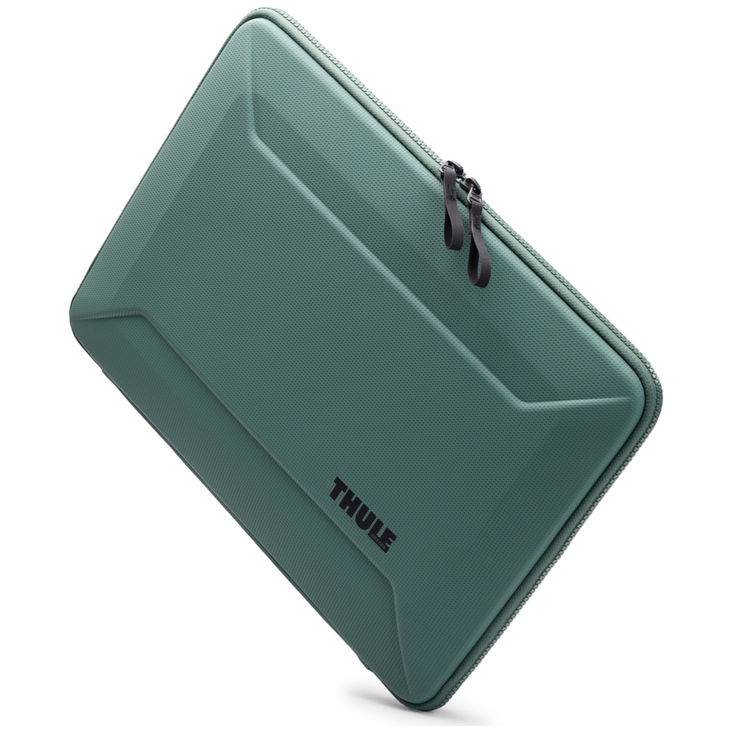 A teal Thule laptop case with a zipper. The case is rectangular and has the brand name printed on the bottom.