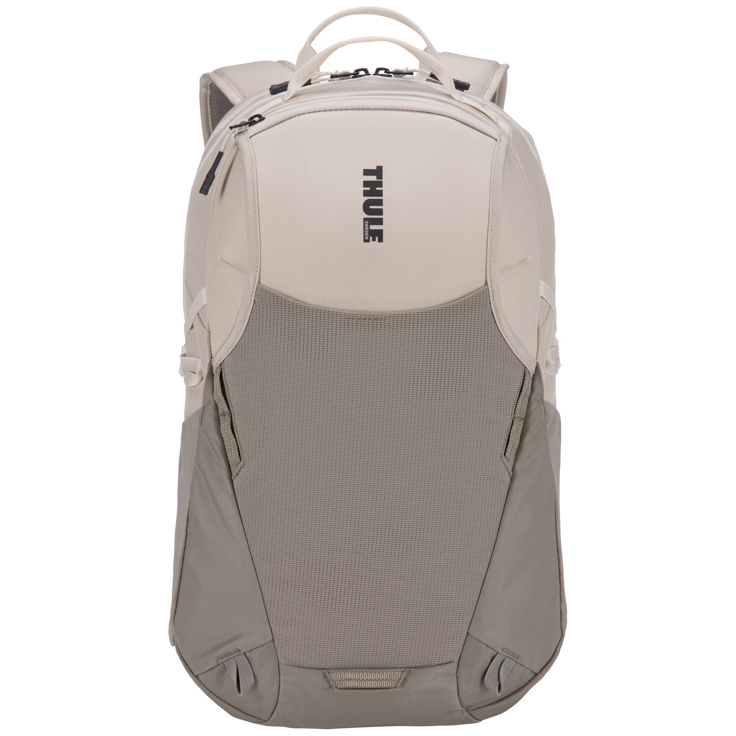 Een Thule rugzak in beige en grijstinten. Het heeft een hoofdvak, mesh details en een handvat aan de bovenkant. Het merklogo is zichtbaar.
