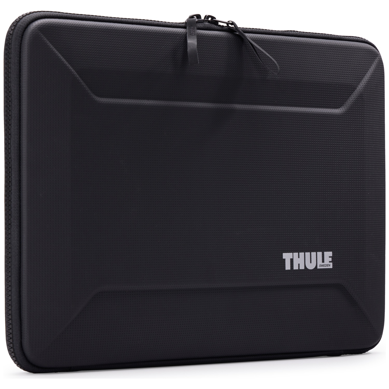 A black Thule laptop case with a zipper. The case has a textured surface and the Thule logo is visible.