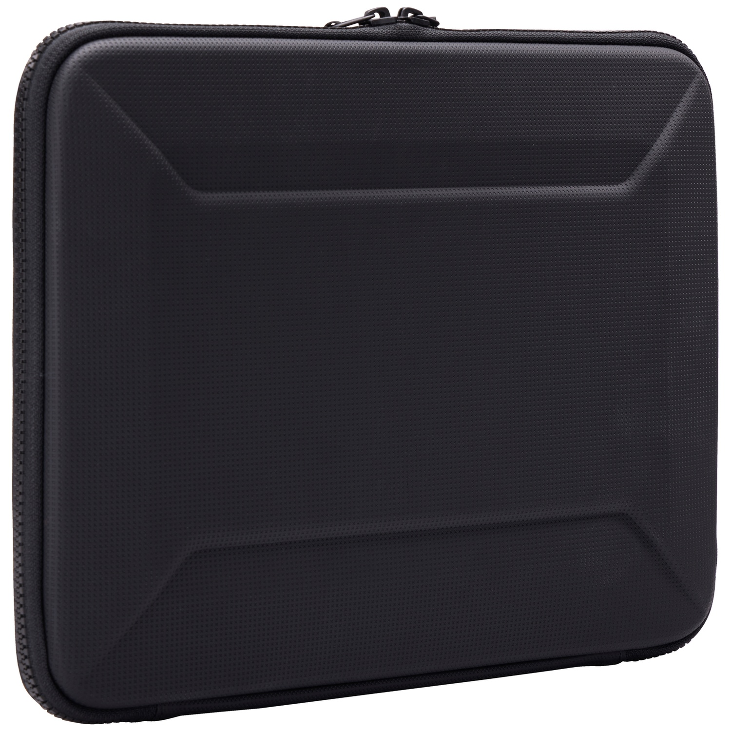 A close-up of a black, textured case with a zipper. It is rectangular with geometric design elements on the surface.