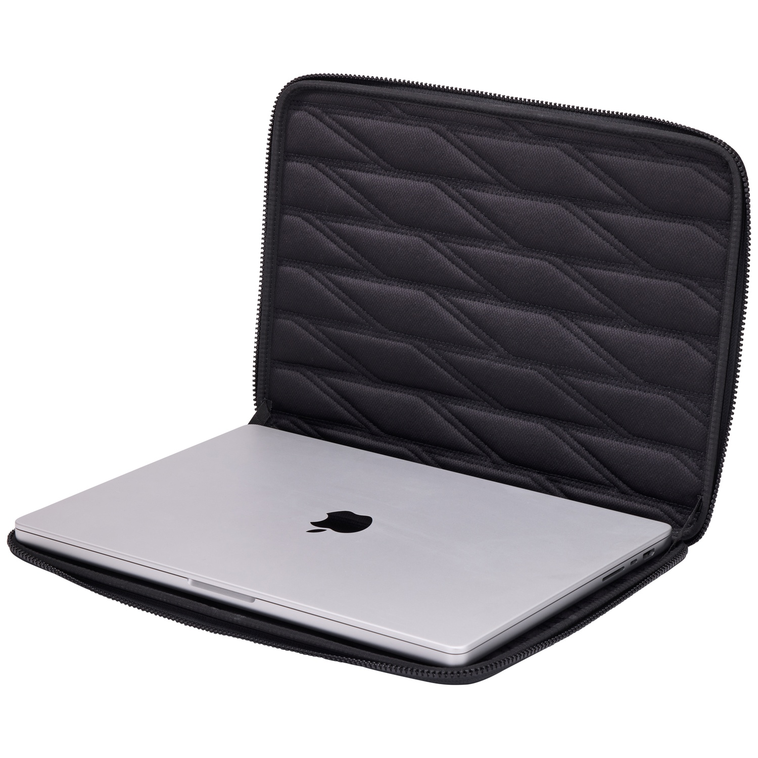 A silver laptop with Apple logo is in a black padded case. The case has a zipper and a diamond pattern on the inside.
