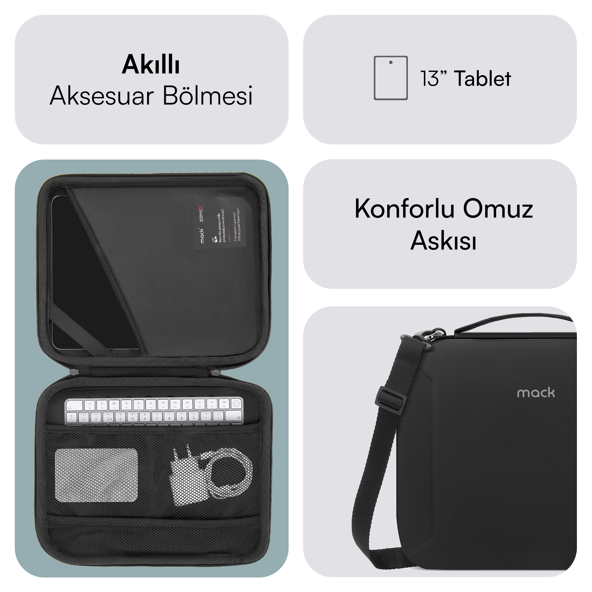 Klavye, şarj cihazı ve omuz askısı olan siyah tablet kılıfı. Metin: Akıllı Aksesuar Bölmesi, Konforlu Omuz Askısı, 13" Tablet.