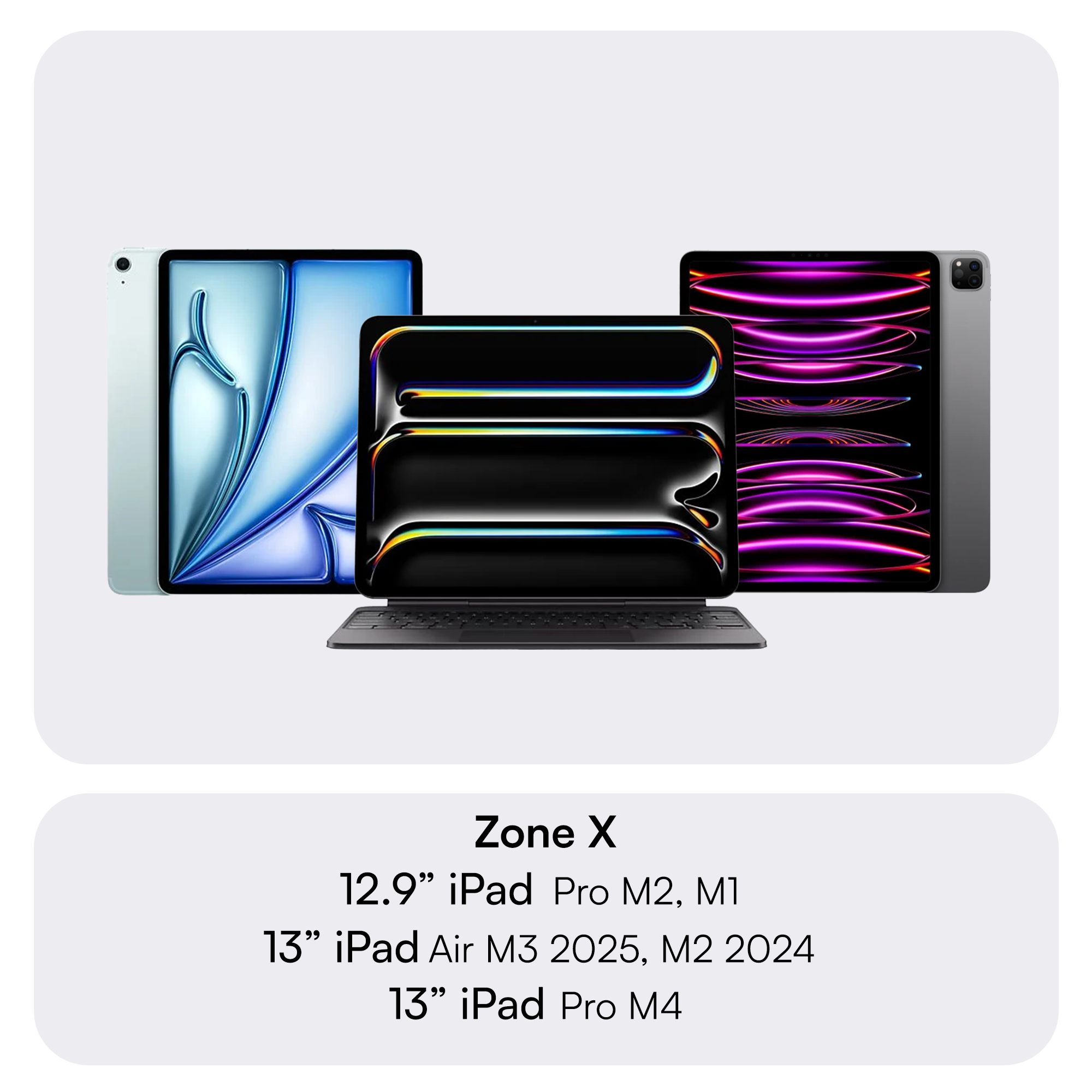Görselde üç iPad var, biri klavyeli. Altındaki metin iPad modellerini ve boyutlarını listeliyor.