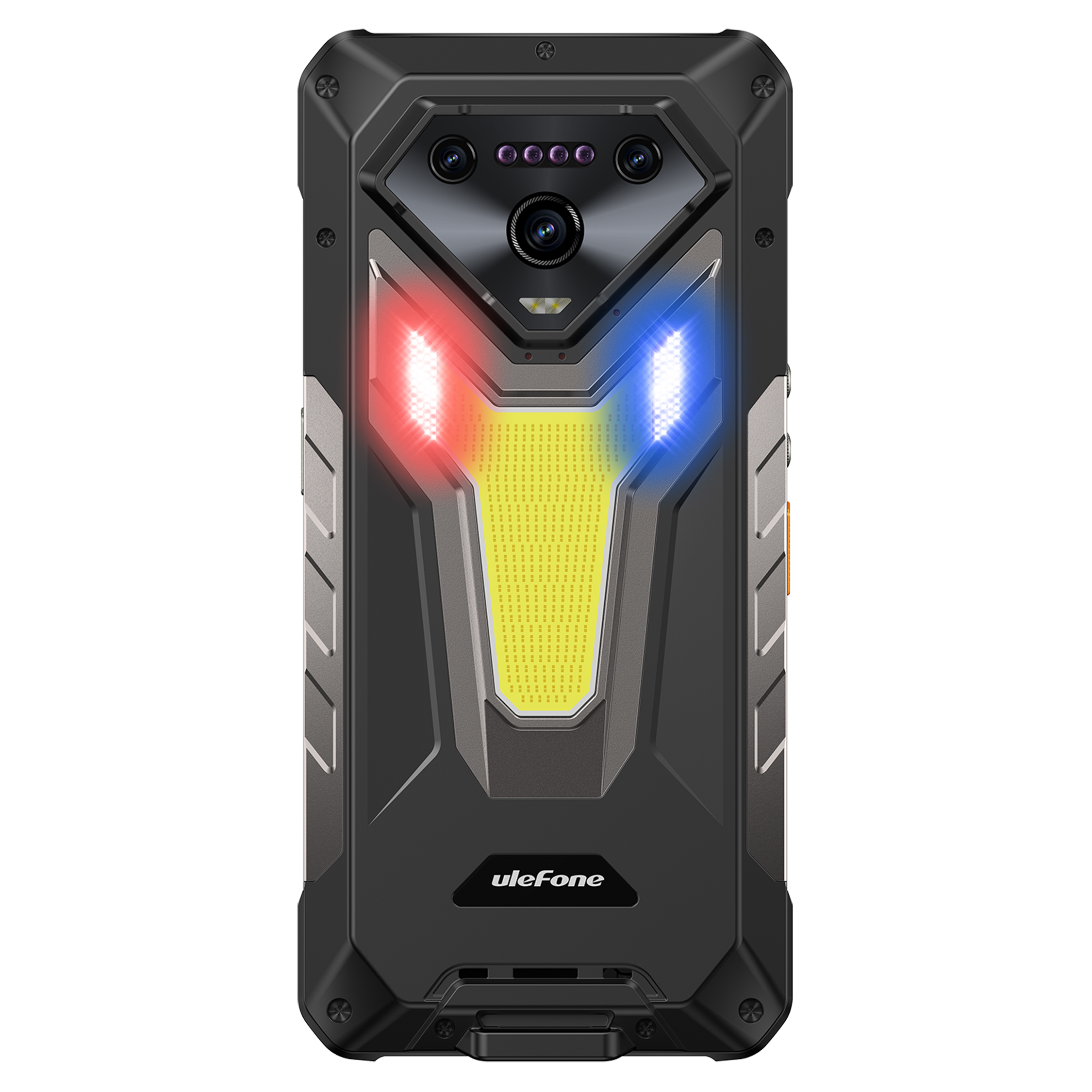 Fekete okostelefon hátlap kamerákkal, piros és kék lámpákkal, sárga középső panellel. Ulefone logó alul.