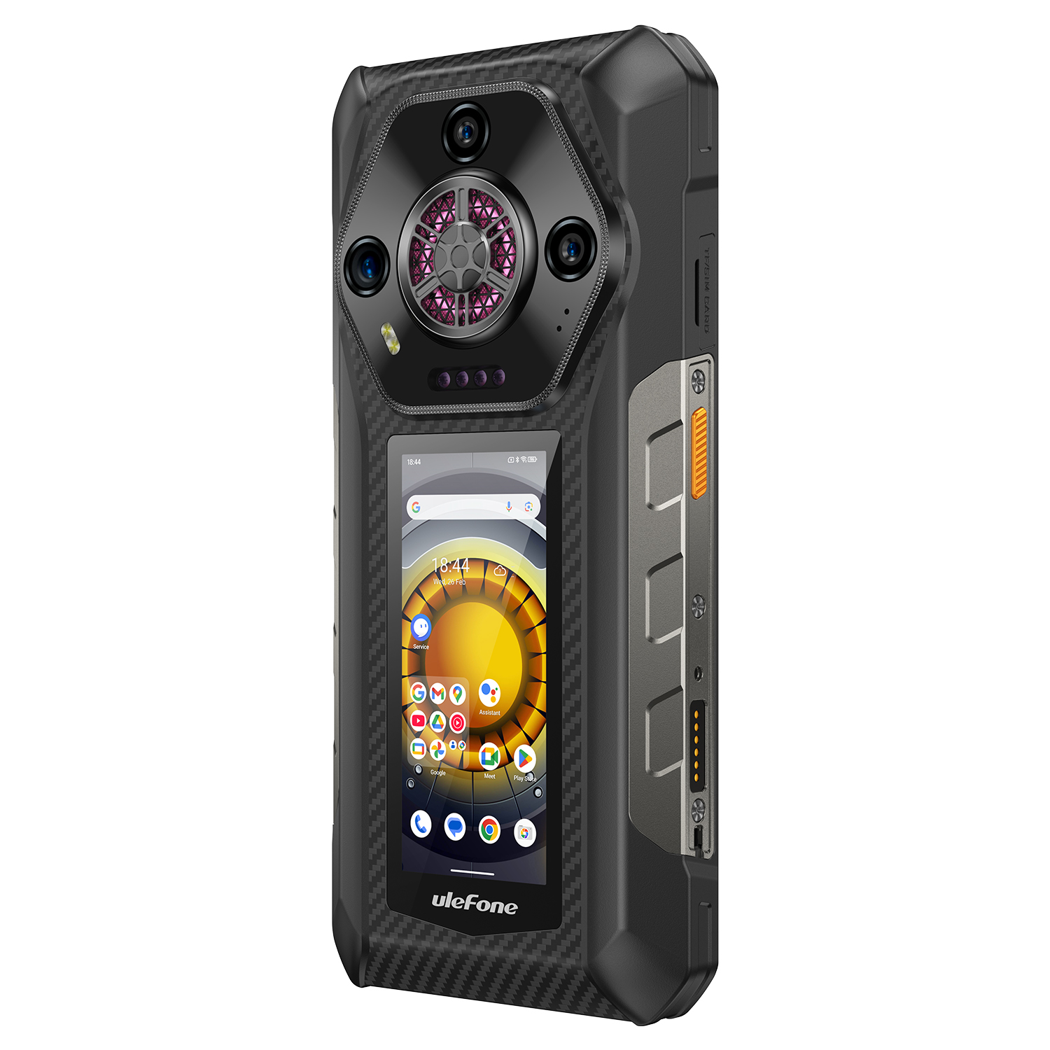 Egy fekete Ulefone telefon. A képernyőn az idő, alkalmazások láthatók. Kameracsoportja és robusztus kialakítása van.