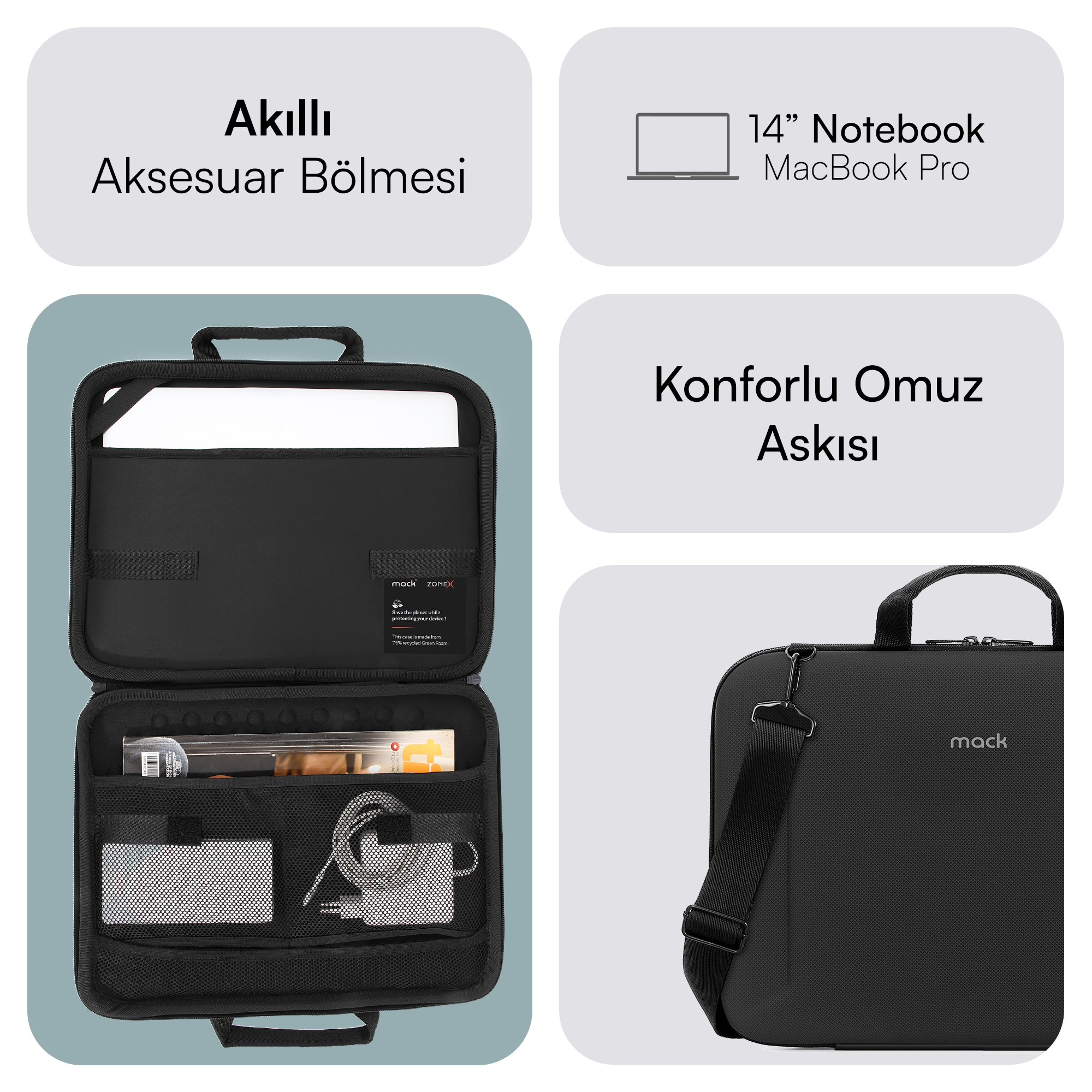 Omuz askılı siyah laptop çantası, aksesuarlı açık bölmeler ve metin etiketleri.