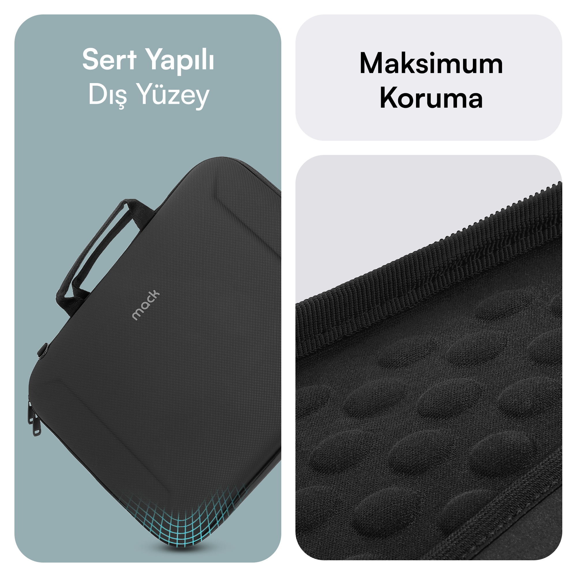 Siyah dizüstü bilgisayar çantası, tutma sapı, Metin: Maksimum Koruma ve Sert Yapılı Dış Yüzey.