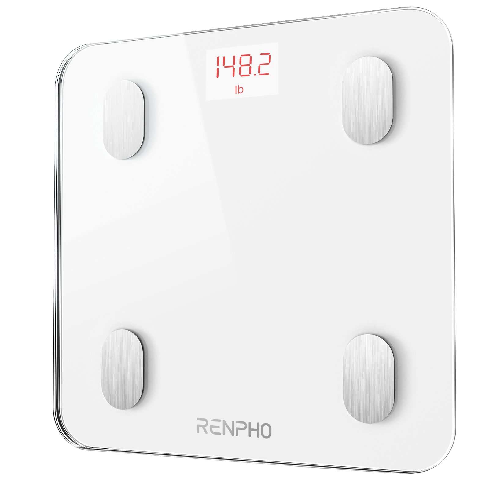 Eine weiße Digitalwaage mit vier silbernen Pads. Sie zeigt das Gewicht in Rot an: 148,2 lb. Die Marke RENPHO ist aufgedruckt.