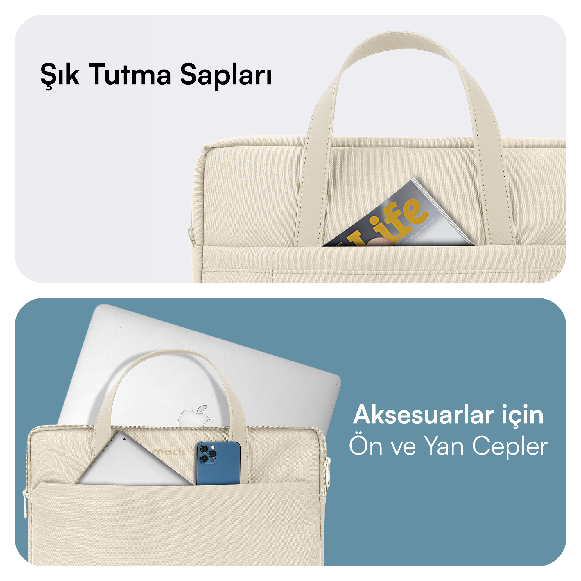 Tutma sapları olan bej dizüstü bilgisayar çantası, bir tablet, telefon ve dizüstü bilgisayar tutuyor. Bir dergi cebinde.