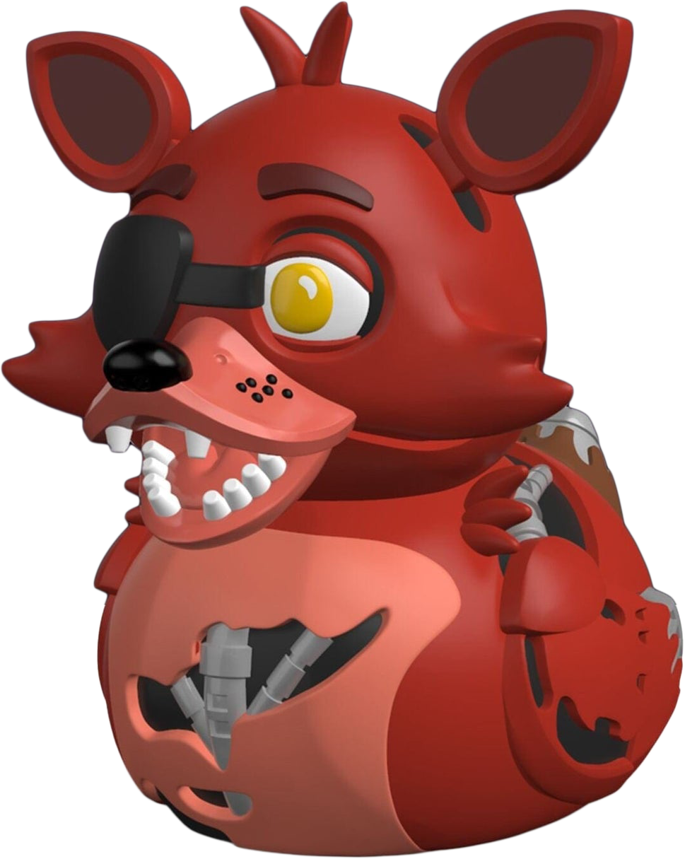 Piros Foxy animatronikus figura, szemfedővel és szabadon lévő endoskelettel. Nagy szája és sárga szeme van. A háttér lila és fehér.