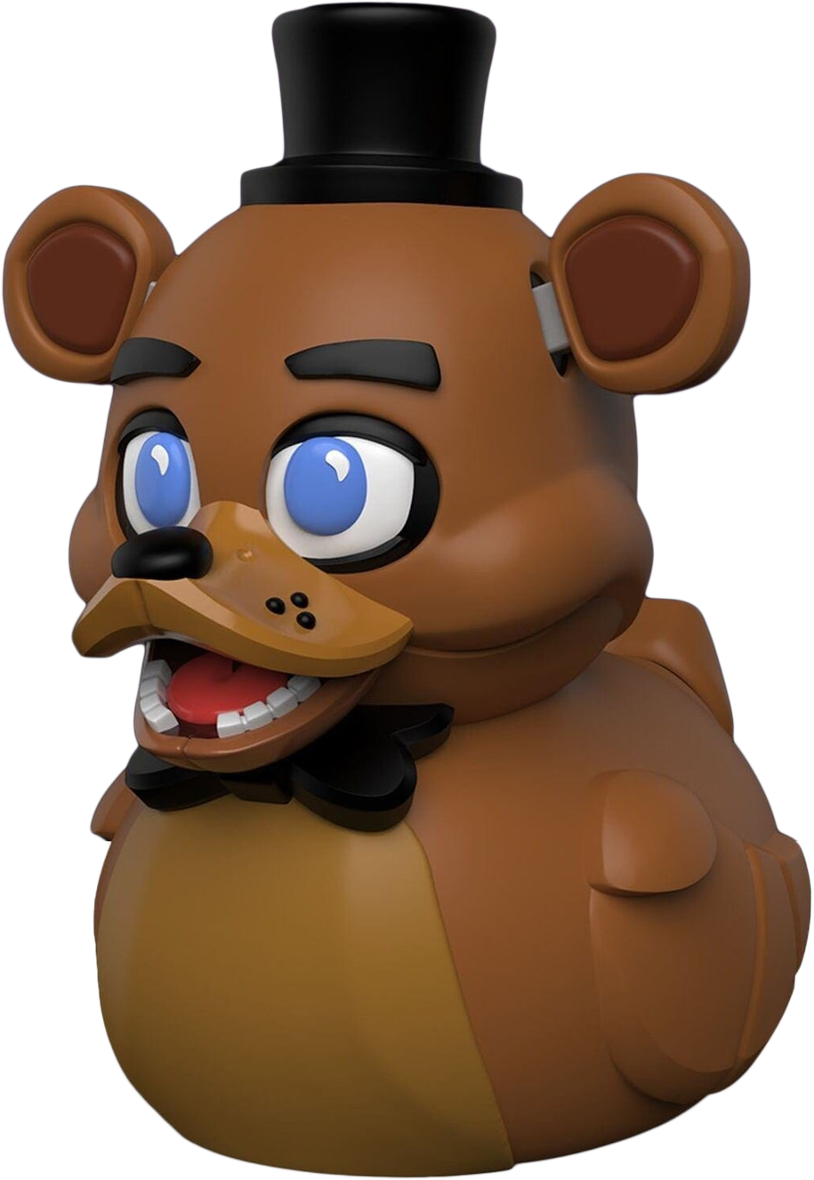 Egy barna Freddy Fazbear figura fekete cilinderrel és csokornyakkendővel. A medve kék szemű és nyitott szájú.