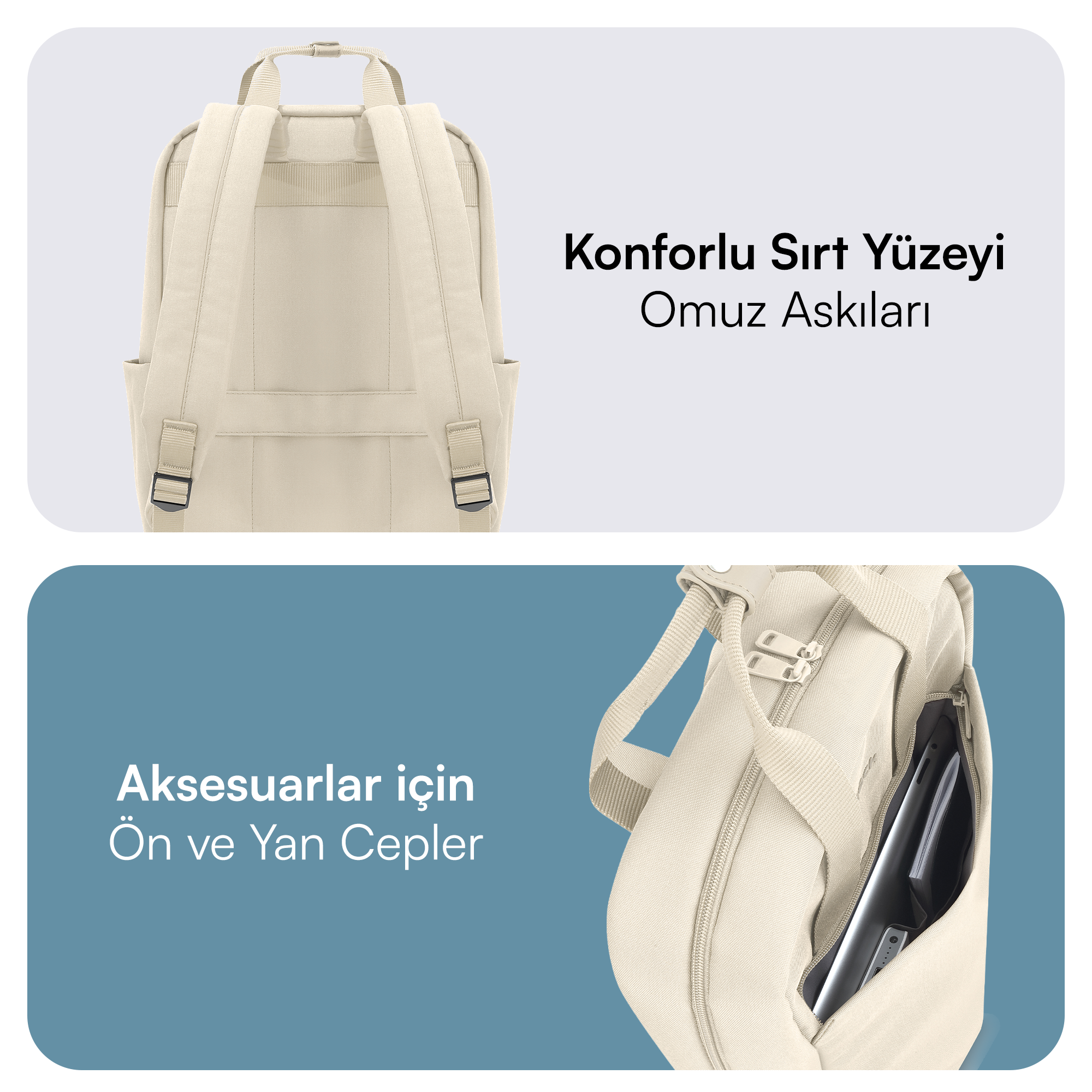 Konforlu sırt, omuz askıları, ön ve yan cepleri olan bej sırt çantası, mavi arka plan.