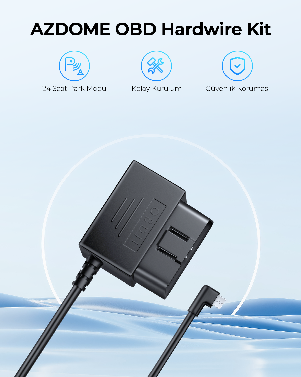 'AZDOME OBD Hardwire Kit' yazılı siyah OBD kablo seti. İkonlar ve Türkçe metin içerir. Mavi dalga arka planı.