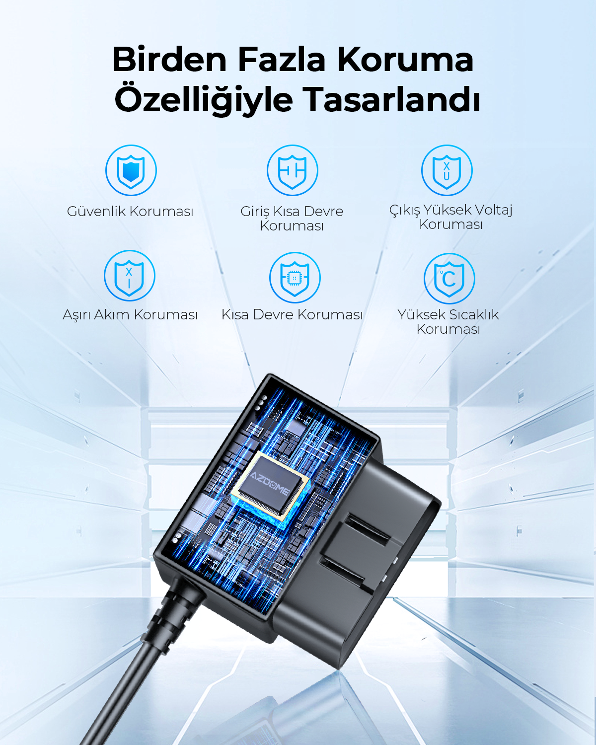 Görüntü, devre kartı olan bir elektronik cihazı gösteriyor. Çoklu koruma özellikleri, simgeler ve Türkçe metinlerle listeleniyor.