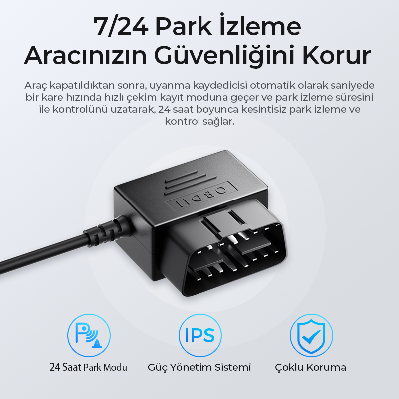 Siyah araba teşhis aracı ve kablo. Metin "7/24 Park İzleme" içerir ve park modu, güç yönetimi ve çoklu koruma için simgeler.