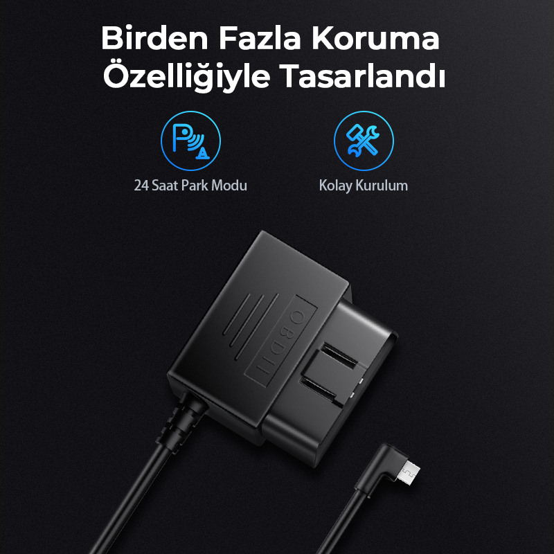 Karanlık arka plan üzerinde kablo ve 90 derecelik konektörlü siyah OBDII konektörü. Metin: 'Çoklu Koruma Özellikleriyle Tasarlandı'.