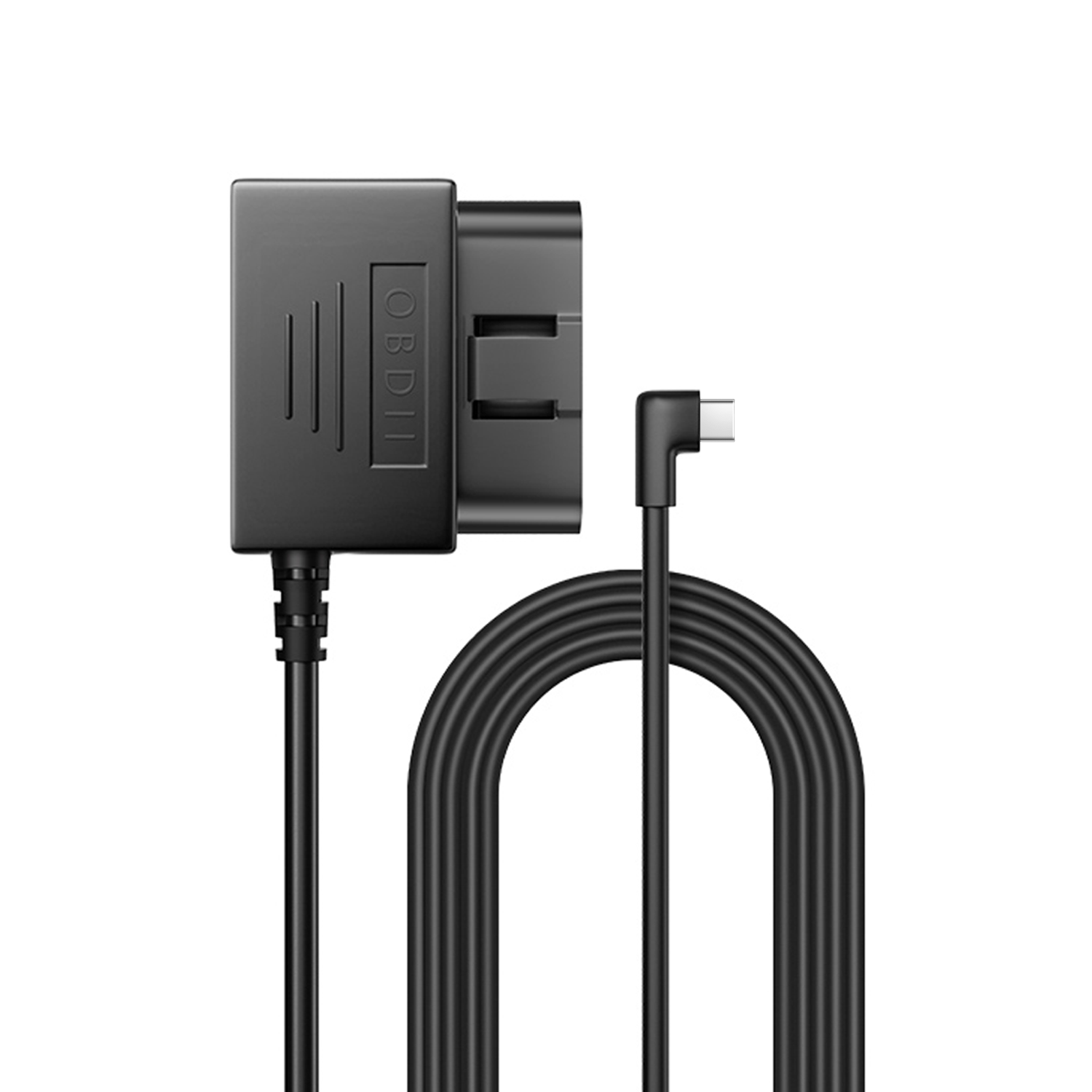 Siyah OBDII teşhis aracı, siyah kablo ve beyaz zemin üzerinde bir USB-C konektörü.