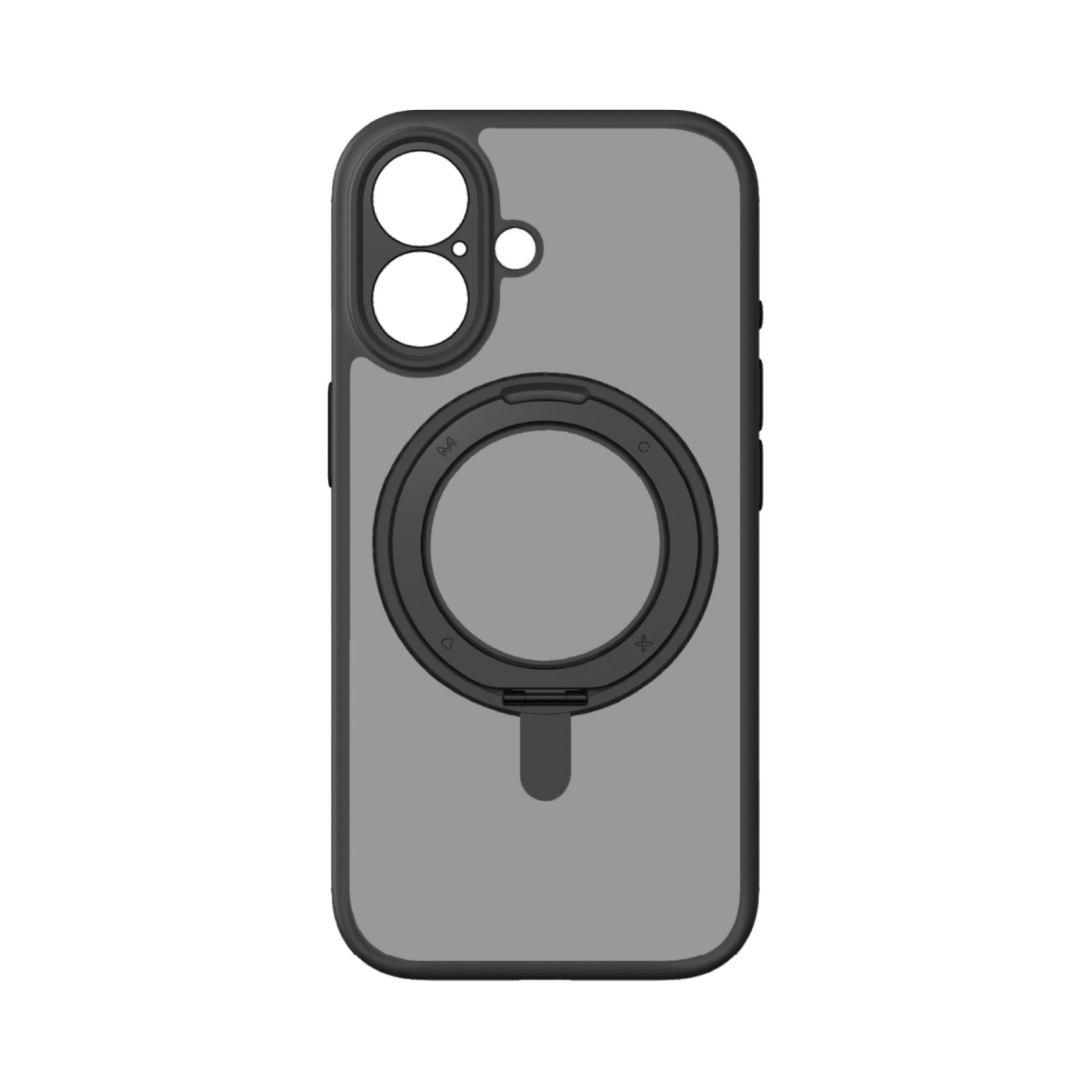 Siyah çerçeveli ve dairesel manyetik şarj cihazlı gri bir telefon kılıfı. Kılıfın iki kamera deliği ve siyah bir kenarlığı var.