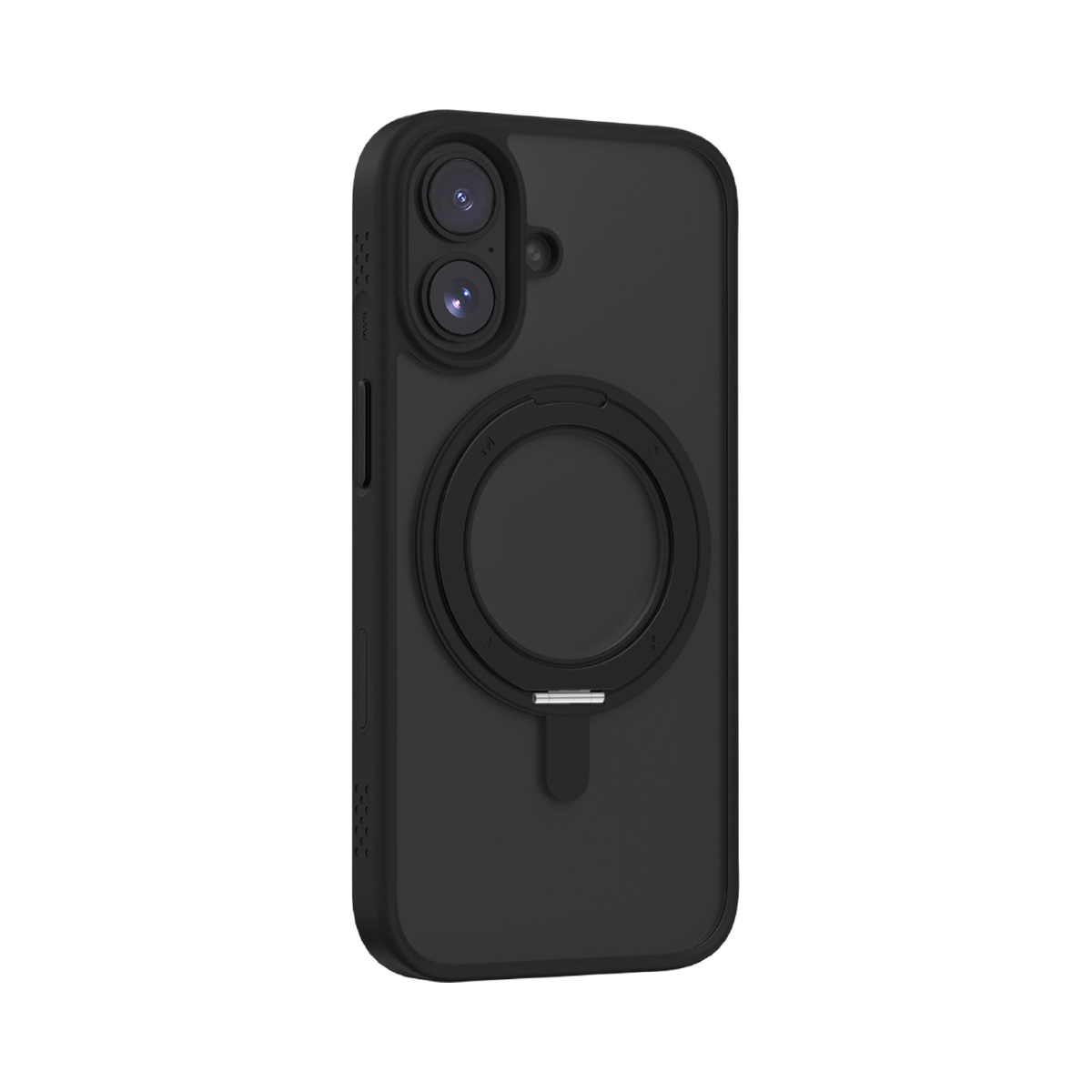 İki kamera lensi, dairesel manyetik bağlantı ve arkada gümüş renkli bir konektör bulunan siyah telefon kılıf ı.