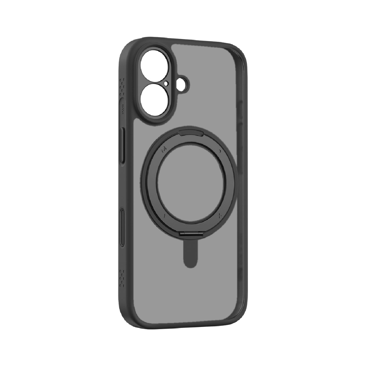 Gri arka ve dairesel manyetik bağlantıya sahip siyah bir telefon kılıfı. Kılıfın kamera ve düğmeler için açıklıkları var.