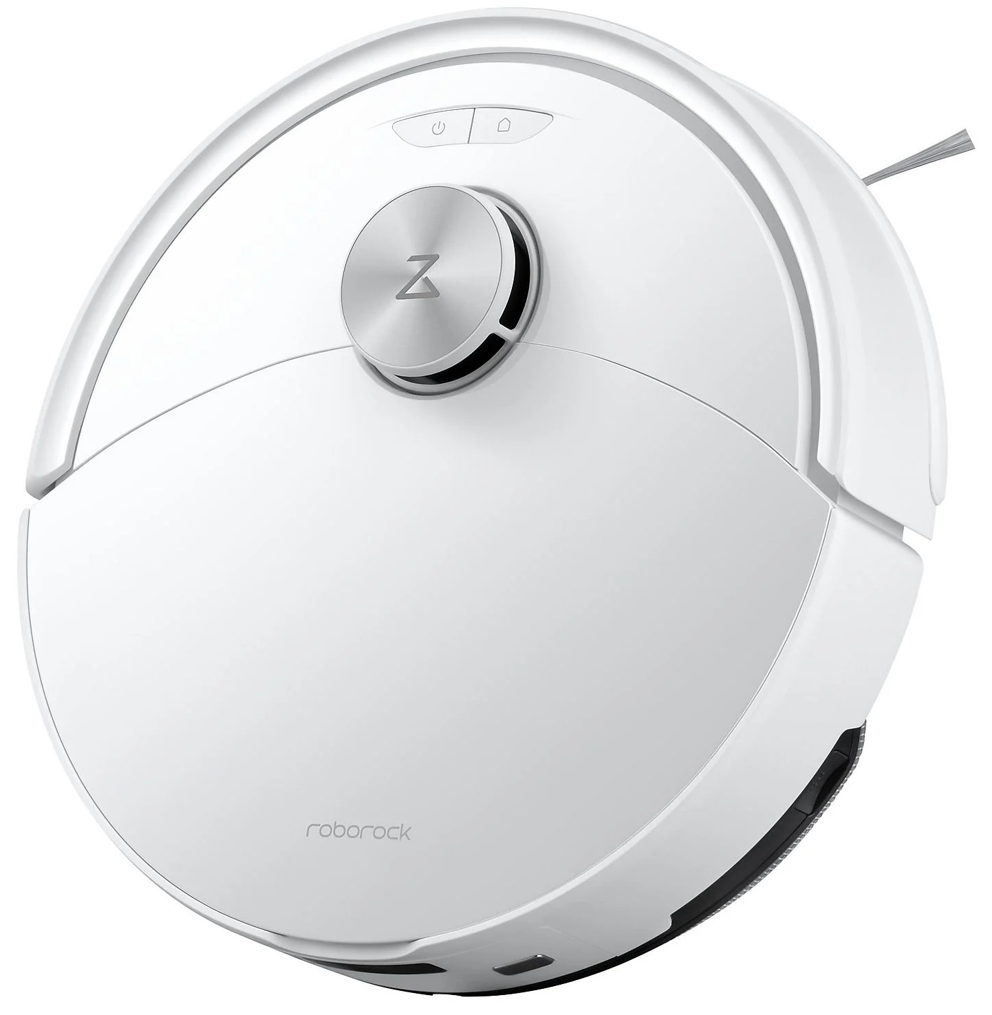 Fehér Roborock robotporszívó. Kerek formájú, középen ezüst gombbal és kis kefével az oldalán.