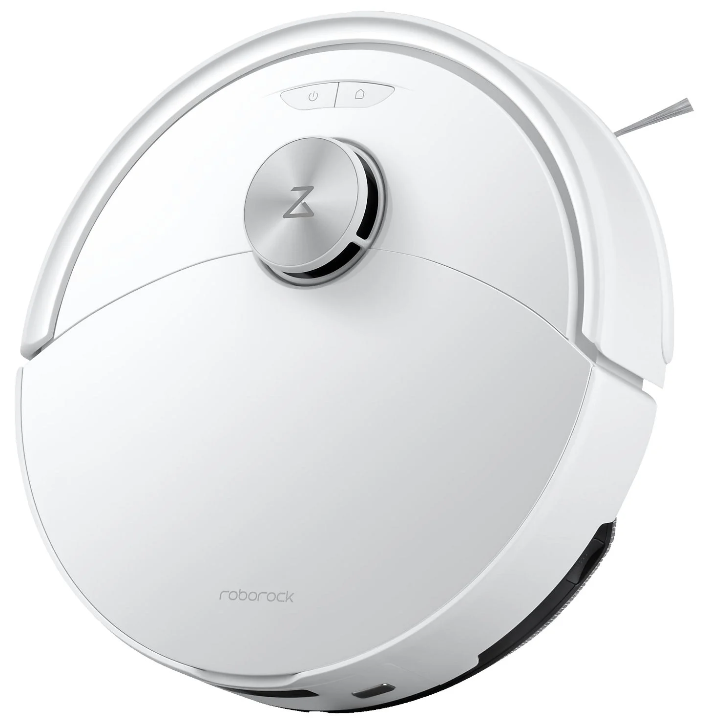 Egy fehér, kerek robotporszívó ezüst középső gombbal és két gombbal a tetején. Látható a 'roborock' márkanév.