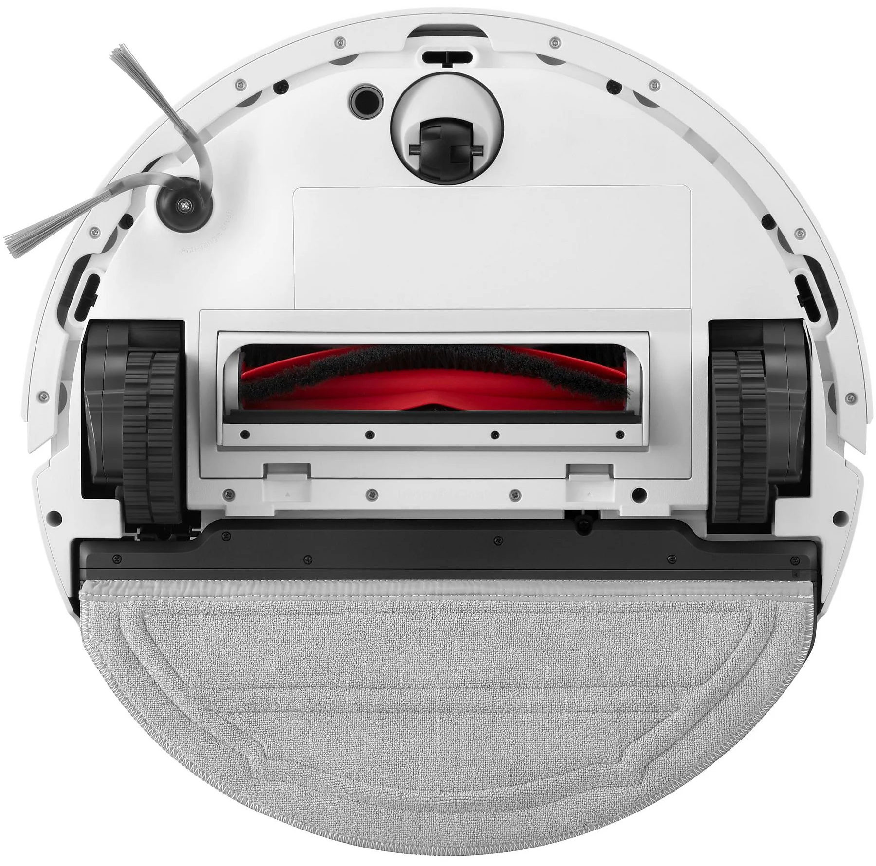 Felülnézet egy fehér robotporszívóról. Fekete kerekei, piros keféje és szürke tisztítópárnája van.