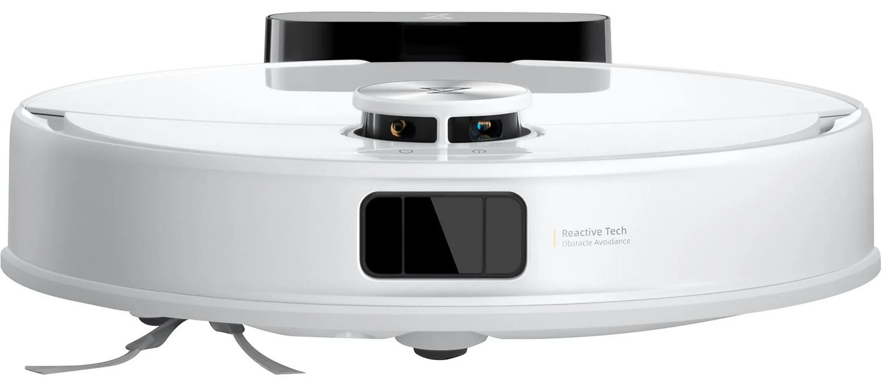 Egy fehér-fekete robotporszívó. Kör alakú teste fekete érzékelőkkel és kefékkel, valamint a 'Reactive Tech' felirattal.