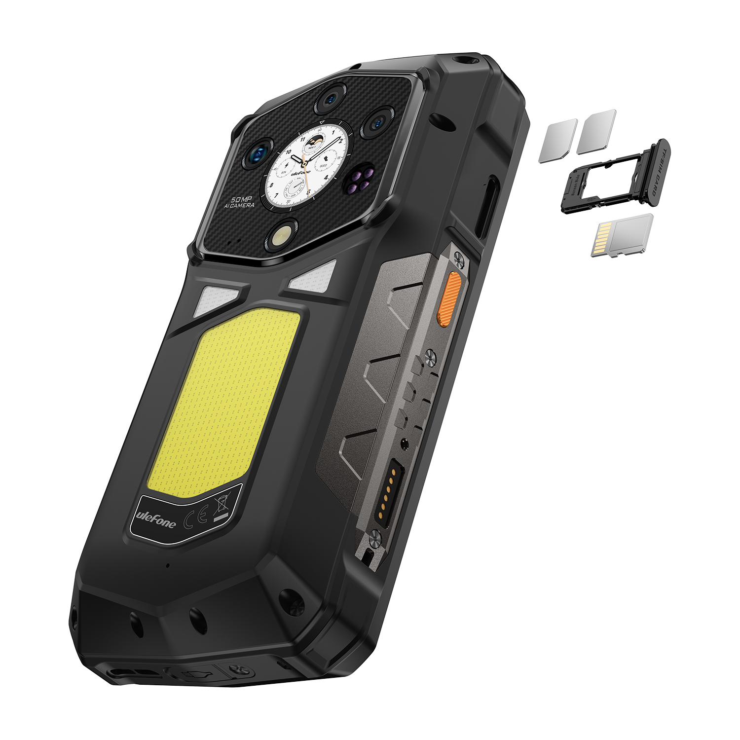 Fekete okostelefon sárga fénnyel, több kamerával és SIM-kártyatálcával. A telefon robusztus kialakítású, és az 'ulefone' márkájú.