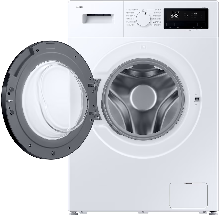 Eine weiße Samsung Waschmaschine mit offener Tür. Die Digitalanzeige zeigt 3:48. Ein Drehknopf und Tasten sind sichtbar.