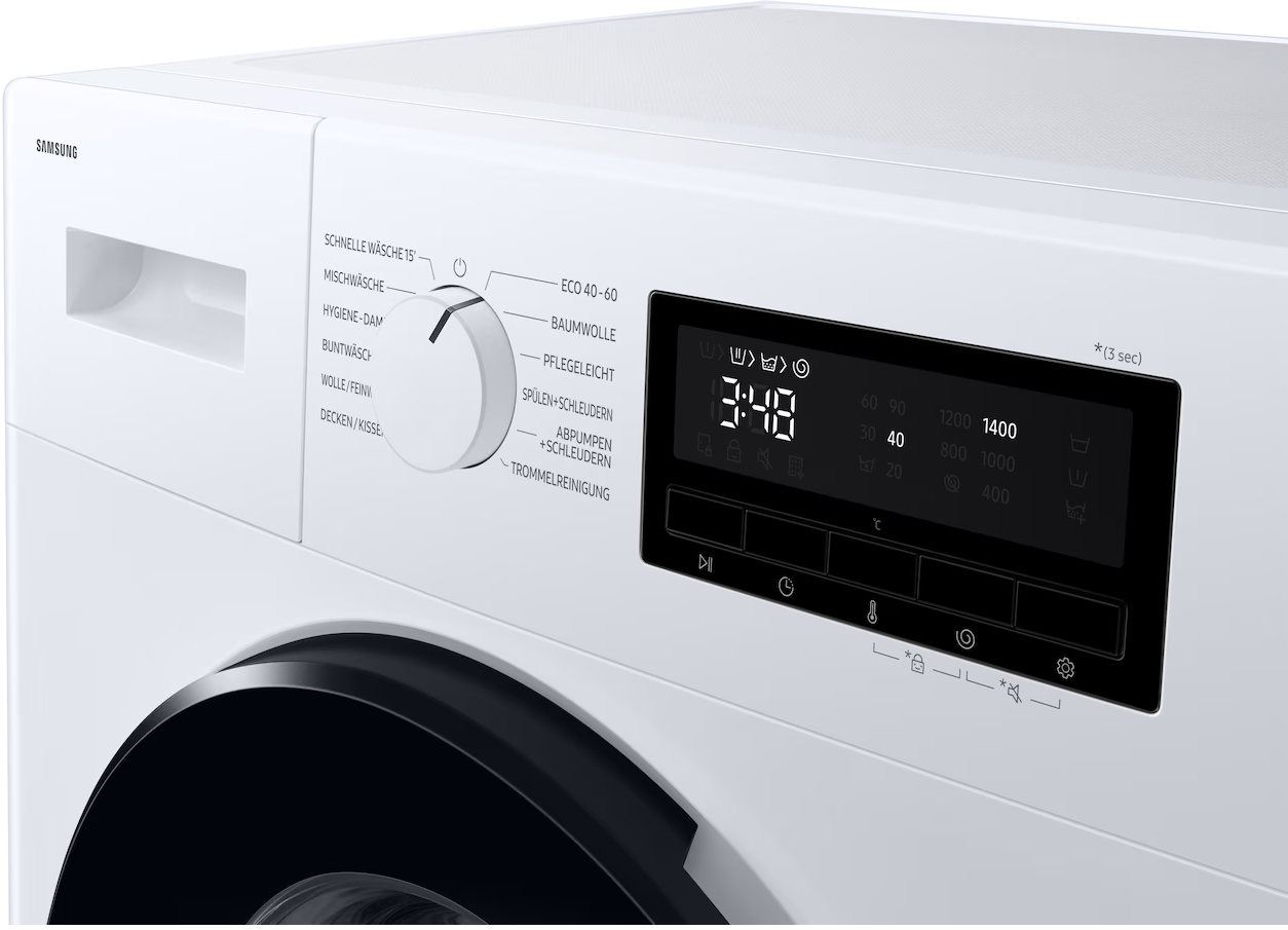 Eine weiße Samsung Waschmaschine mit Bedienfeld und Digitalanzeige 3:48. Waschprogrammoptionen sind sichtbar.