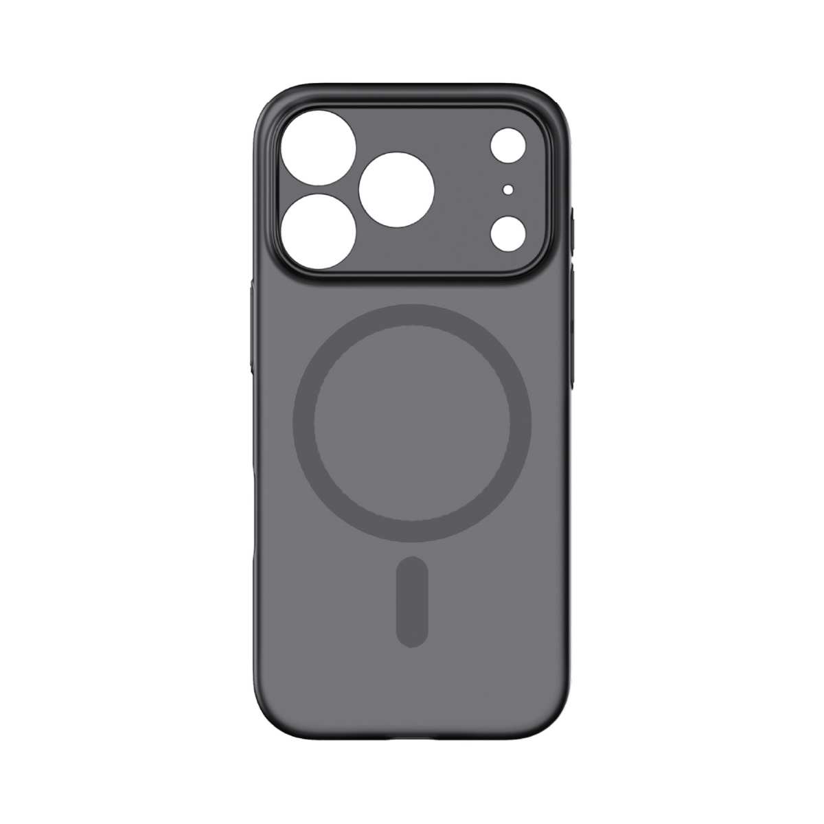 Siyah kamera oyuklarına sahip, koyu gri bir telefon kılıfı. Şarj için altta bir daire ve çizgi var.