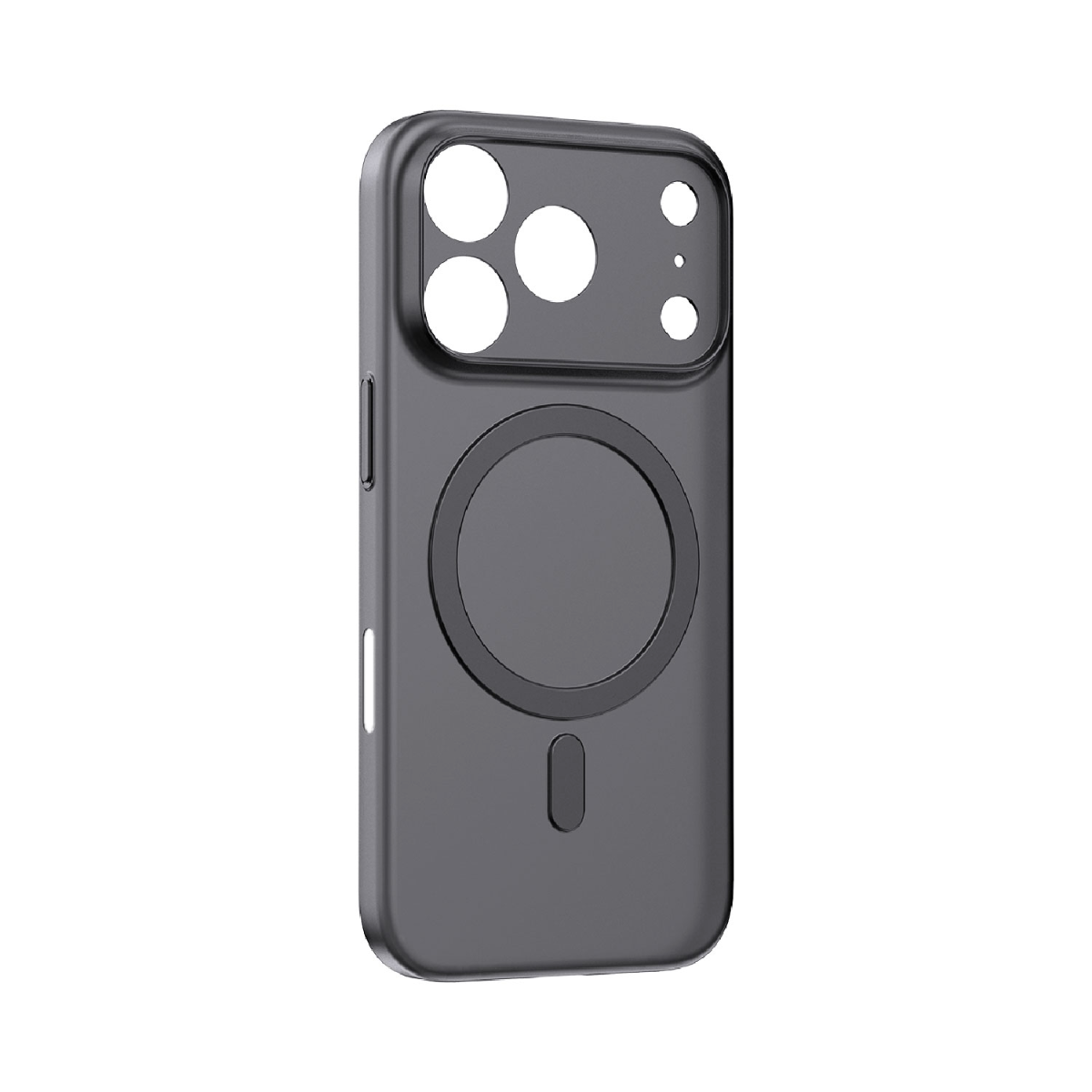 Koyu gri bir telefon kılıfı gösteriliyor. Kamera için kesikleri ve dairesel bir MagSafe şarj cihazı var. Altta küçük bir şarj portu bulunuyor.